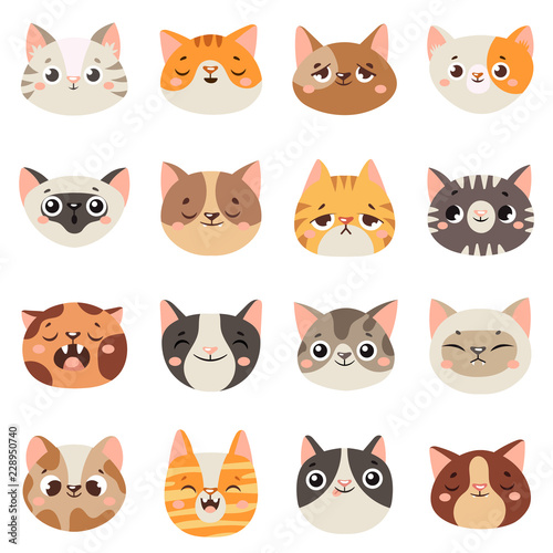 Cute cats faces. Happy animals  funny kitten smiling mouth and crying sad cat. Animal character face cartoon vector illustration set
