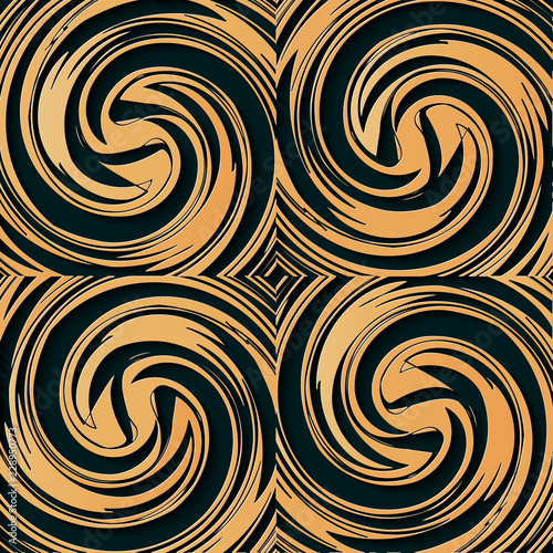 Seamless relief sculpture decoration retro pattern gold spiral vortex cross wave kaleidoscope