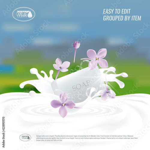 Vector Soap with milk splash. Natural handmade Soap advertisement design or banner background.