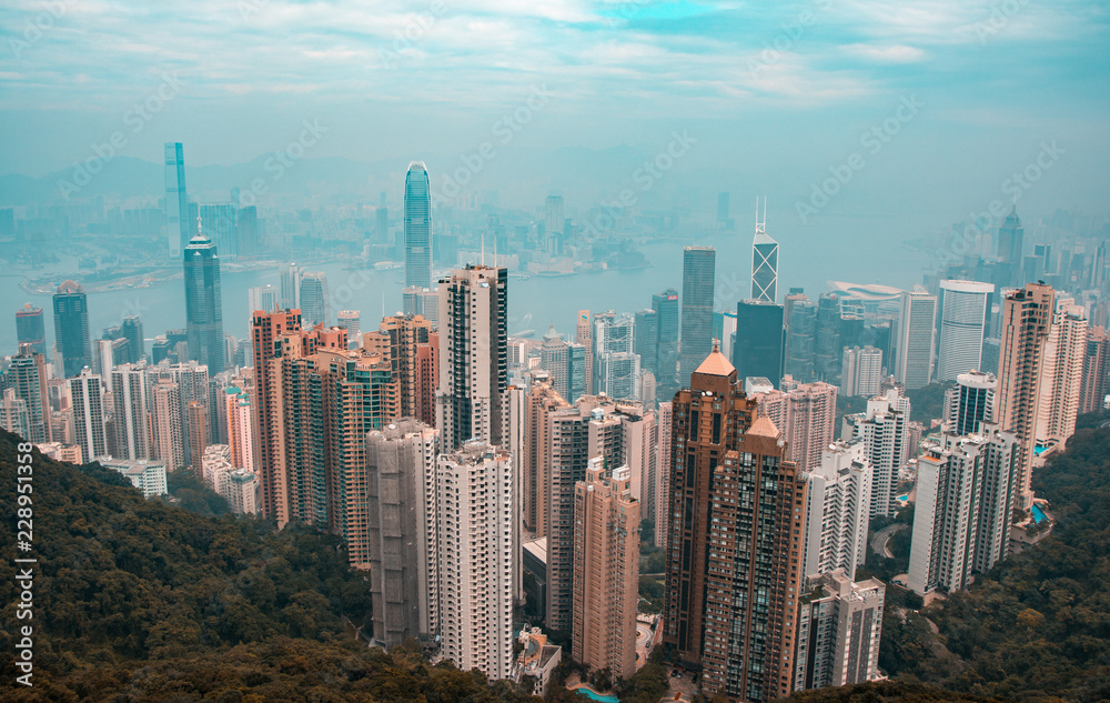 Orange and teal view of Hong Kong skyline from Victoria's peak