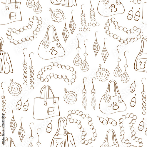 Fashion. Bag, beads, pendant, earrings. Background, wallpaper, seamless. Sketch, doodle. On a white background