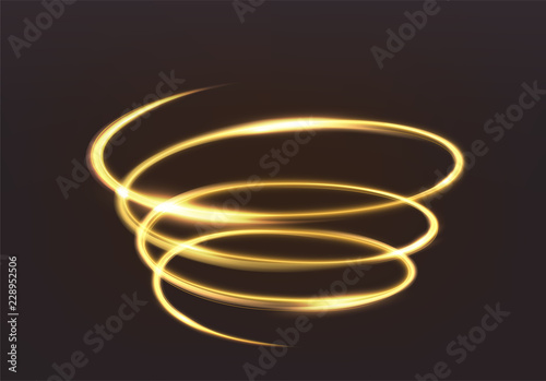 Golden glowing light, the magic brilliance of sparkling wave lines. Spiral shiny flash on dark background.