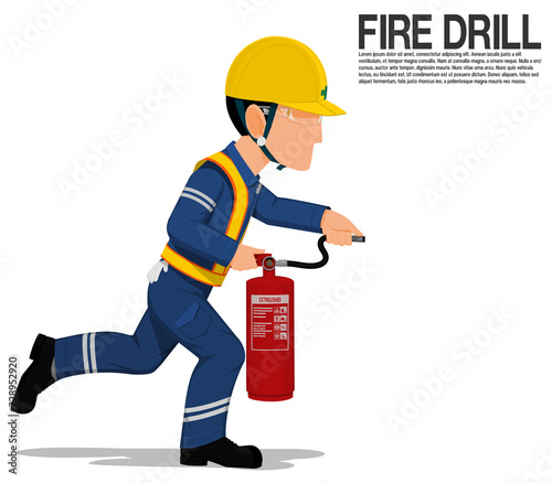 A worker  with the extinguisher is running on transparent background