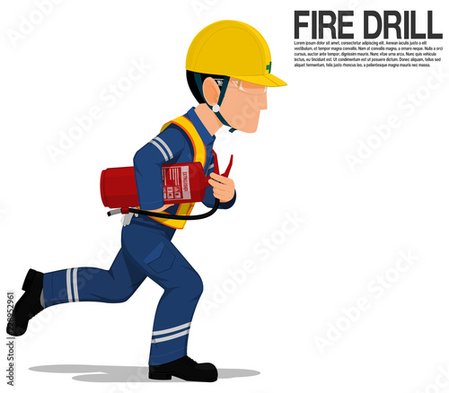 A worker  with the extinguisher is running on transparent background