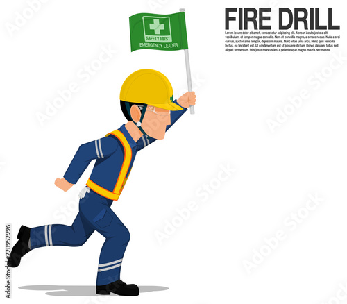 An emergency leader is present the safety flag on the annual fire drill