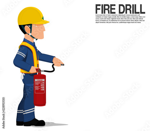 A worker  with the extinguisher is standing on transparent background