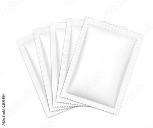 Set of blank sachet packaging for food, cosmetic and hygiene. Vector illustration on white background. Ready for your design. EPS10.