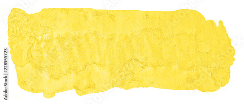 Yellow watercolor hand-drawn isolated wash stain on white background for text, design. Abstract texture made by brush for wallpaper, label.