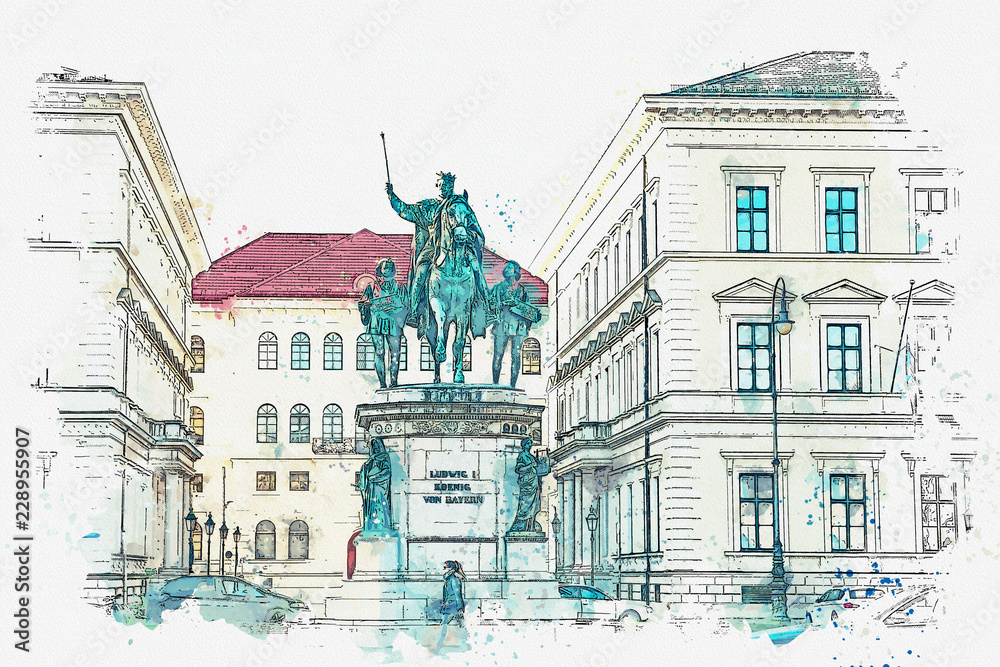 A watercolor sketch or illustration. Statue of King Ludwig the First of Bavaria in Munich, Germany.