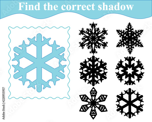 Educational game for preschool children. Find the silhouette of snowflake. Vector illustration.