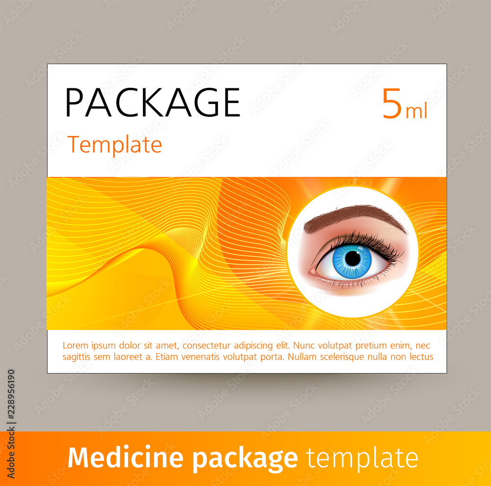 Vector medicine package template with realistic eye. Box with medical