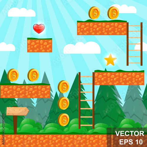 Game background. Cartoon Victory. Passage of the quest. For your design. Win. Coin.