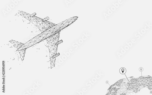 Airplane flying with Location pin form lines, triangles and particle style design. Illustration vector