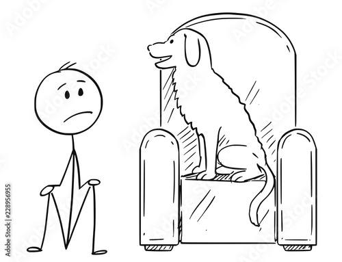 Cartoon stick drawing conceptual illustration of unhappy man sitting on ground because his dominant dog pet is occupying the armchair.