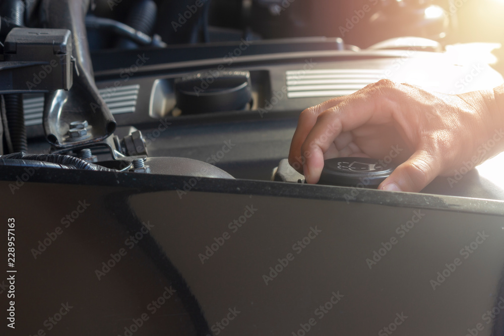 Obraz premium Car repair service, Hand man checking water level