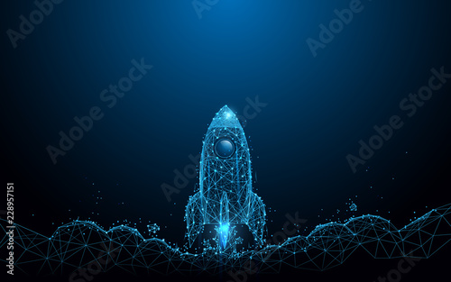 Fototapeta Naklejka Na Ścianę i Meble -  Rocket launch. Business startup concept form lines, triangles and particle style design. Illustration vector