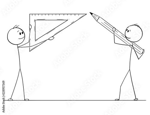 Cartoon stick drawing conceptual illustration of two men or businessmen holding pencil and triangle rule or ruler ready to draw something.