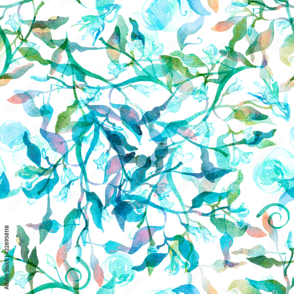 Seamless pattern with abstract branches and leaves in teal blue and green Seamless pattern with abstract branches and leaves in teal blue and green