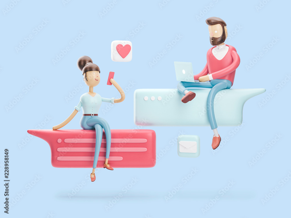 3d illustration. boy and girl are in love chat. social media concept  ilustración de Stock | Adobe Stock