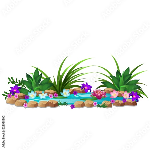 A small pond with blooming flowers isolated on white background. Decor element for landscape design of square or park. Vector cartoon close-up illustration.