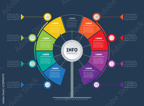 Business presentation concept with eight points. Web Template of tree, info chart or diagram with 8 process. Vector infographic of technology or education with 8 steps.