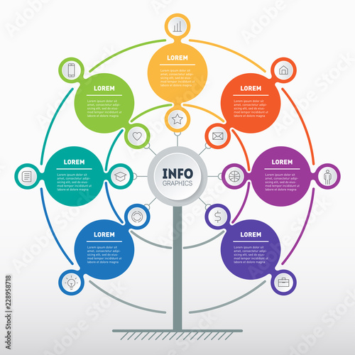 Business presentation concept with seven options and 14 icons. Web Template of tree, info chart or diagram with 7 process. Vector infographic of technology or education with 7 steps.
