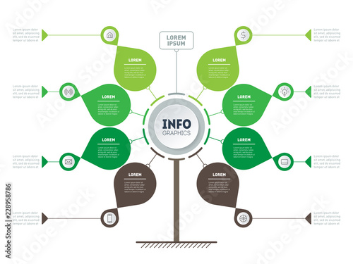 Business presentation or infographics concept with 8 options. Web Template of green tree, info chart or diagram. Vector info graphic of technology or education process with 8 steps.