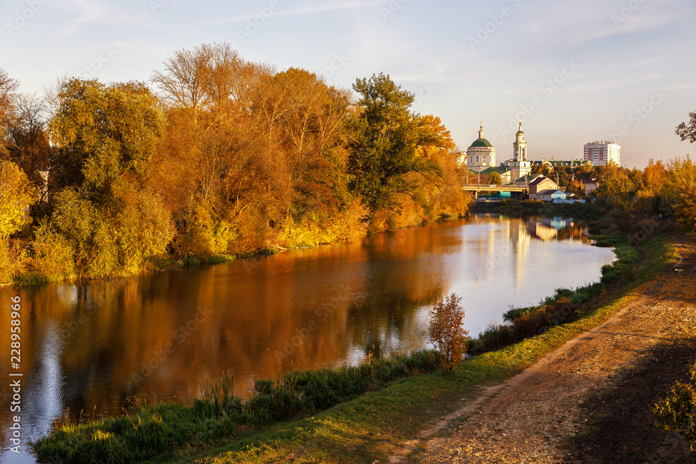 Autumn landscape, evening walk on the river Orlik. Russia, city of Oryol