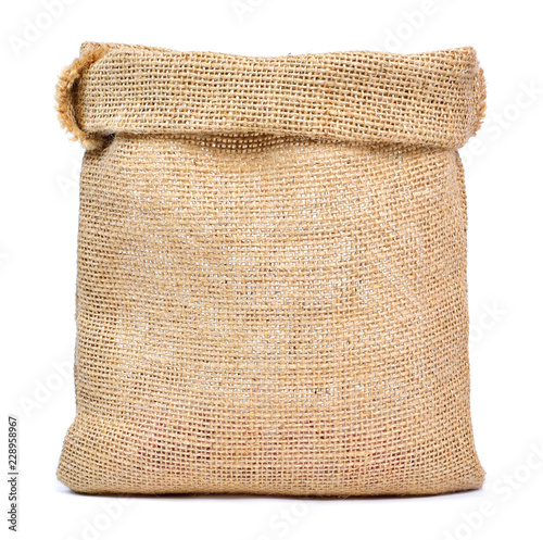 Empty burlap sack or sackcloth bag, isolated on white background. Front view, design element.