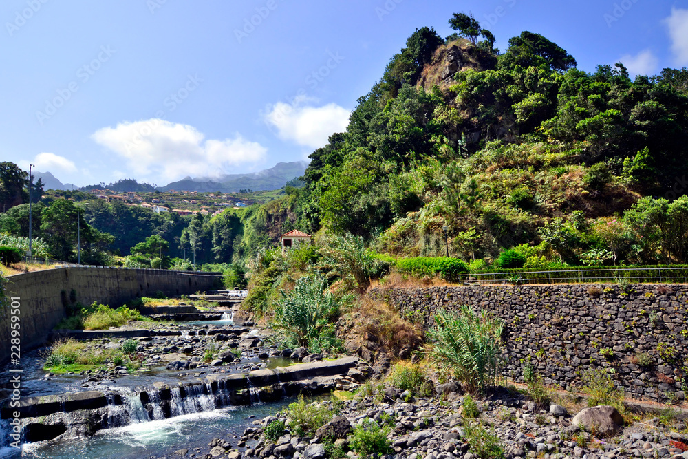 Φωτογραφία Picturesque landscape with a hill overgrown with fresh green plants and the smal