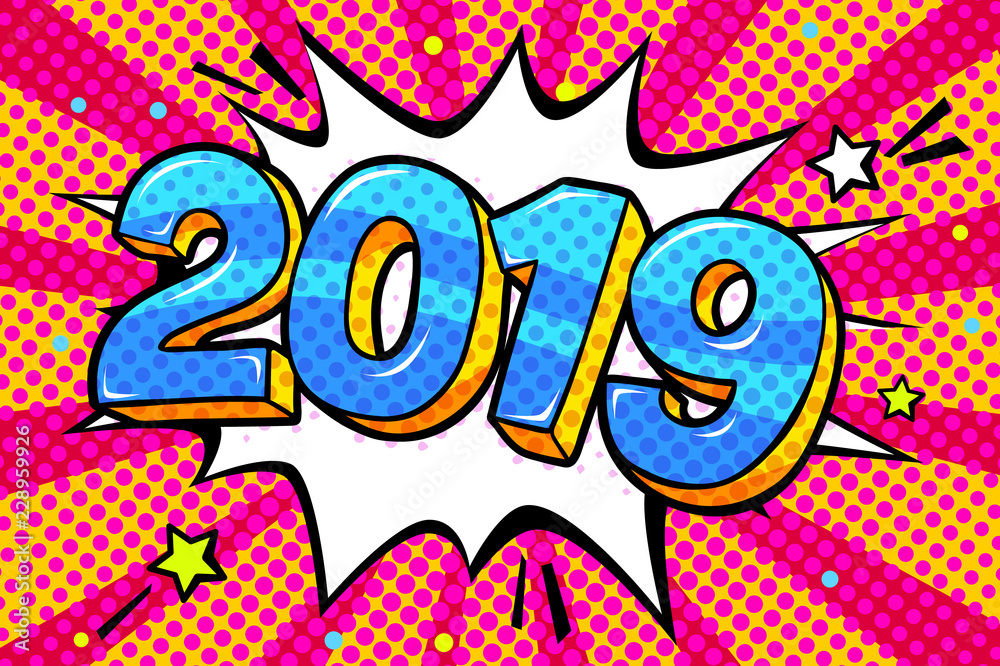 New Year greating card. Blue numbers 2019 in word bubble.