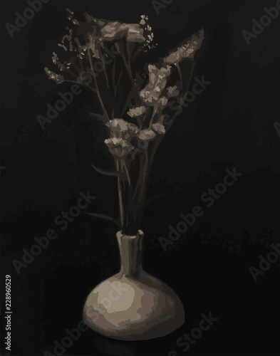 vector illustration of  bouquet in ceramic vase edit from oil  on canvas painting