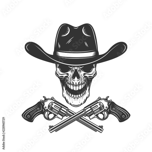 Cowboy skull with crossed revolvers. Design element for poster, card, label, sign, card, banner.