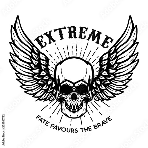 Extreme. Winged skull on white background. Design element for logo, label, emblem, sign, poster.
