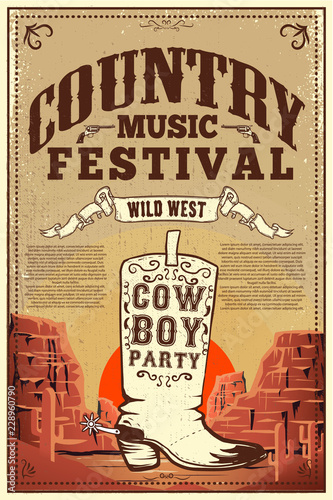 Country music festival poster. Party flyer with cowboy boots. Design element for poster, card, label, sign, card, banner.