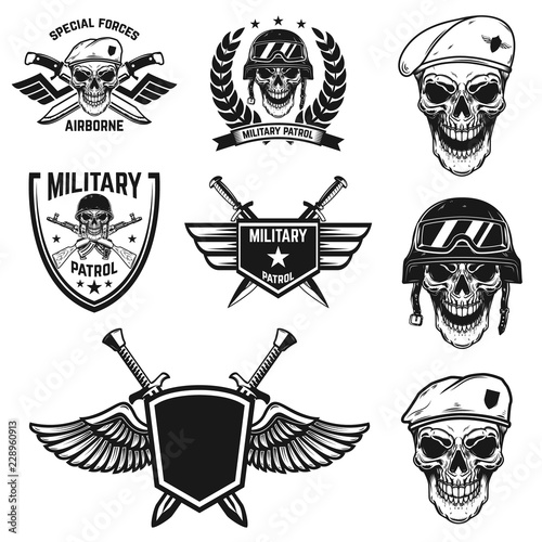 Set of military emblems with paratrooper skull. Design element for poster, card, label, sign, card, banner.
