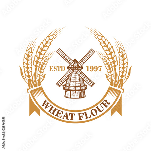 Wheat flour label template with wind mill. Design element for logo, emblem, sign, poster, t shirt.