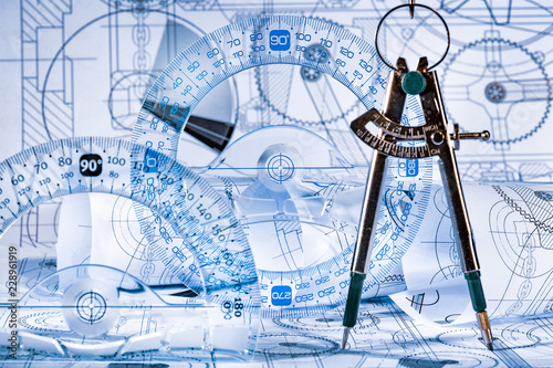 Foto Technical drawing and tools