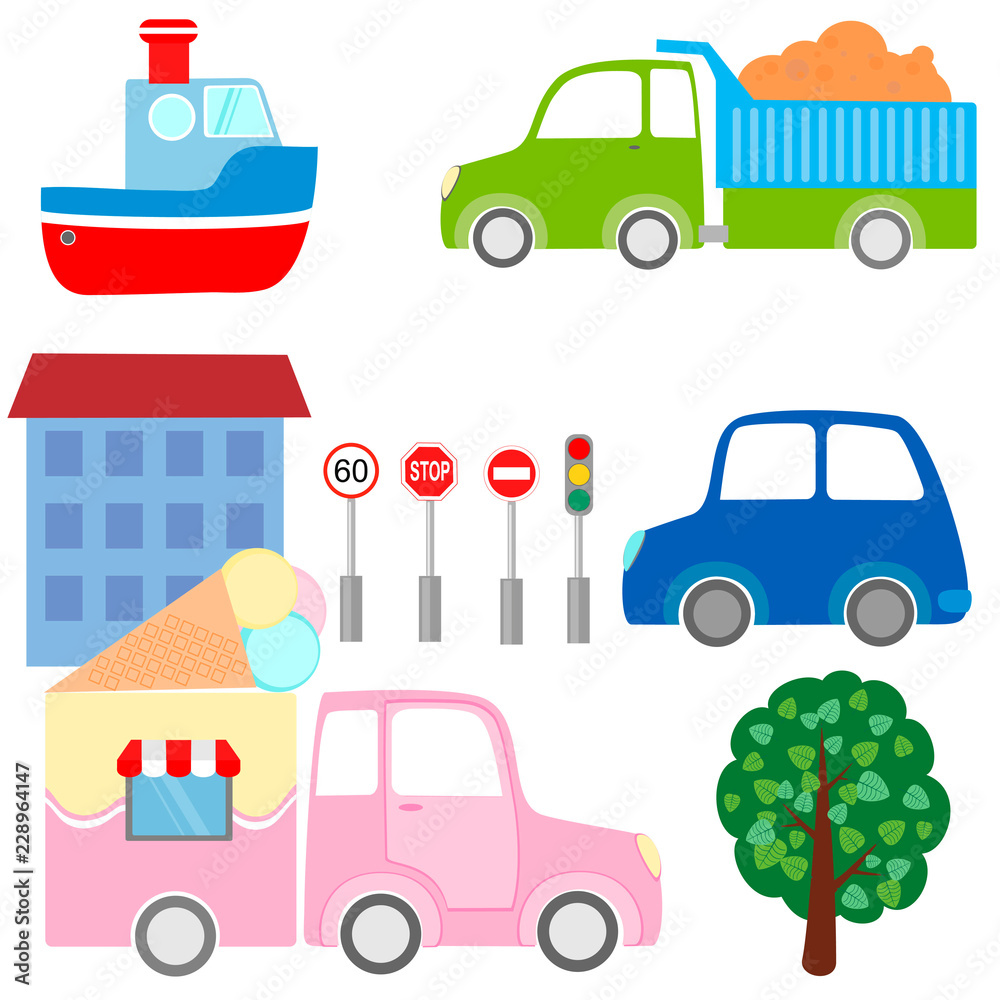 Collection of cartoon transport images. Vector illustration.