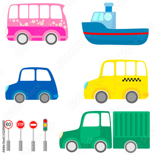 Collection of cartoon transport images. Vector illustration.
