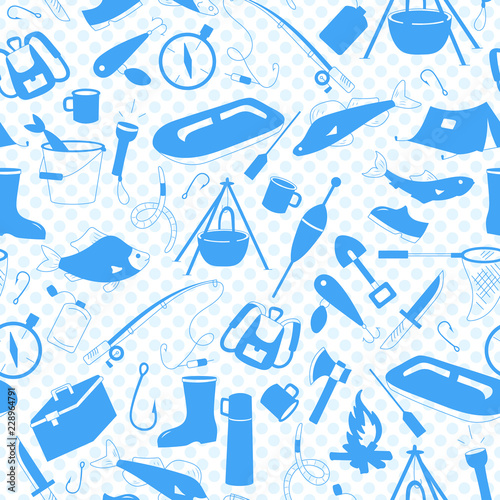 Seamless pattern on the theme of outdoor recreation and fishing,  blue silhouettes icons on a blue background polka dot