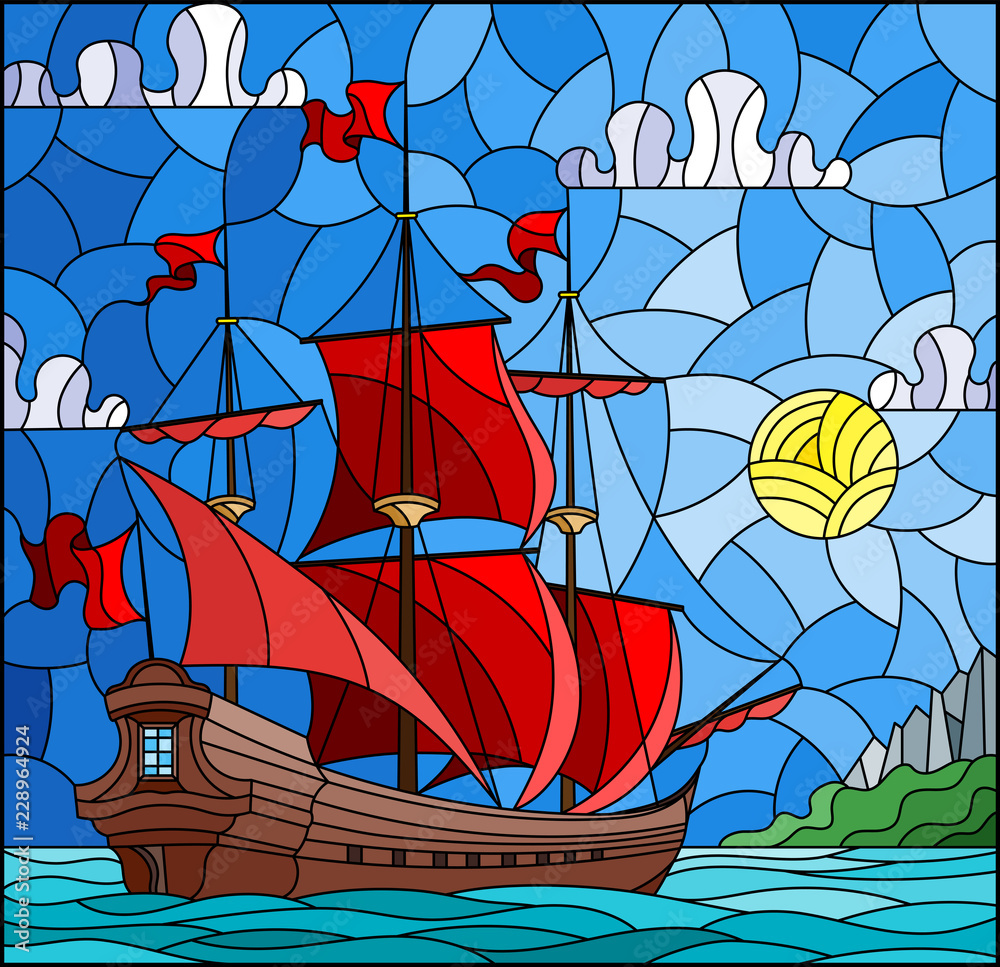 Illustration in stained glass style with sailboats with red sails against the sky, the sea and the sunrise