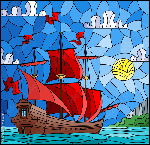 Illustration in stained glass style with sailboats with red sails against the sky, the sea and the sunrise