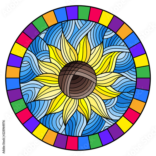 Fototapeta Naklejka Na Ścianę i Meble -  Illustration in stained glass style with bright orange abstract flower on blue  wavy background, round image in bright frame 