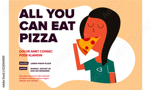 Flat Vector Illustration of hungry girl eating pizza. Pizza and girl. Pizza all you can eat Template
