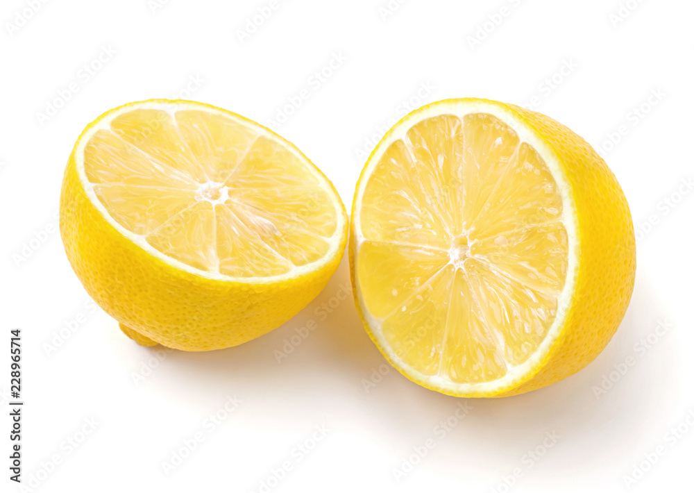 two halves of ripe lemon fruit isolated on white background two halves of ripe lemon fruit isolated on white background