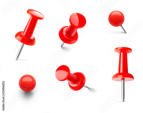 Set of red push pins in different angles. Vector illustration. EPS10.