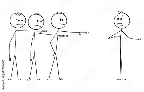 Cartoon stick drawing conceptual illustration of team of businessmen or coworkers or colleagues blaming one of them. Business concept of failure and responsibility.