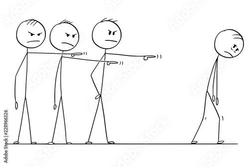 Cartoon stick drawing conceptual illustration of team of businessmen or coworkers or colleagues blaming one of them and forcing him to leave.
