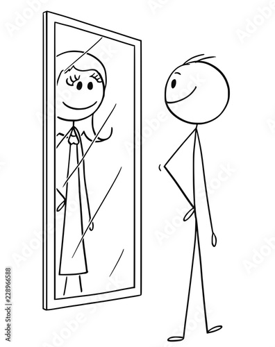 Cartoon stick drawing conceptual illustration of man looking at himself in the mirror but seeing woman inside.